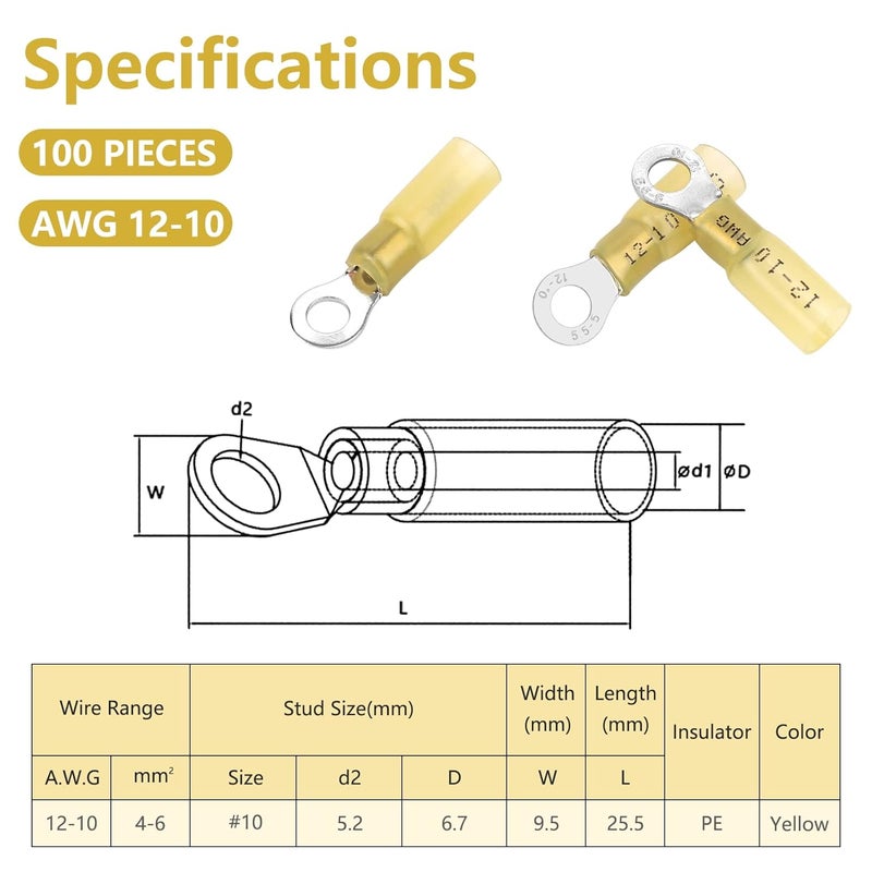 PRECIHW Heat Shrink Ring Terminals #10 AWG 12-10, 100 PCS Insulated Electrical Connectors, Eyelet Wire Connectors, Marine Grade Ring Terminals for Automotive, Audio - Image 2
